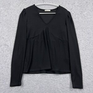 Marine Layer Top Women's Large Black Lexi Rib V-Neck Puff Sleeve Shoulder Blouse
